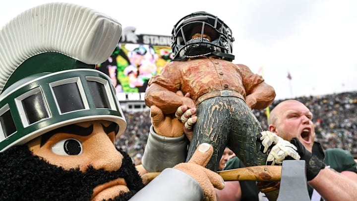 The Paul Bunyan Trophy goes to the winner of the annual Michigan-Michigan State rivalry game. The Paul Bunyan Trophy goes to the winner of the annual Michigan-Michigan State rivalry game.