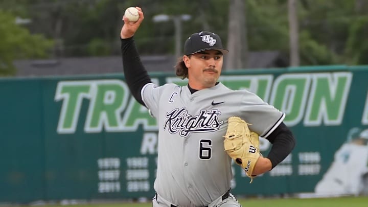UCF’s Kevin Schoneboom (6) pitches against Stetson, Tuesday, March 24, 2026, at Melching Field in DeLand.