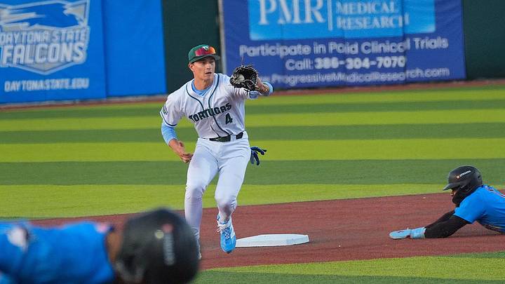 Daytona Tortugas infielder Tyson Lewis (4) catches the ball at second base against the Jupiter Hammerheads on Opening Day, April 2, 2026, at Jackie Robinson Ballpark.