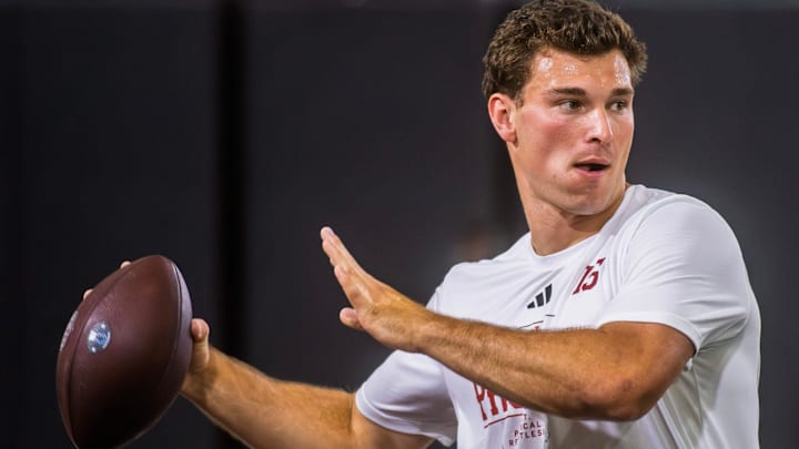 Fernando Mendoza participates in Indiana University's Pro Day at Mellencamp Pavilion on Wednesday, April 1, 2026. Fernando Mendoza participates in Indiana University's Pro Day at Mellencamp Pavilion on Wednesday, April 1, 2026.