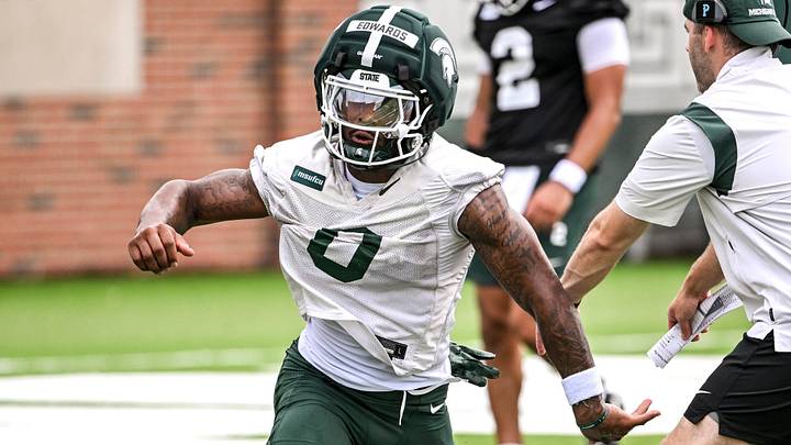 Michigan State running back Cam Edwards runs a drill during football practice on Thursday, Aug. 6, 2026, in East Lansing. Michigan State running back Cam Edwards runs a drill during football practice on Thursday, Aug. 6, 2026, in East Lansing.