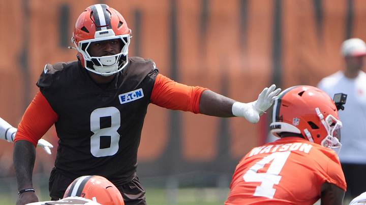 Browns defensive end Jared Verse gestures as he eyes quarterback Deshaun Watson during training camp, July, 31, 2026, in Berea. Browns defensive end Jared Verse gestures as he eyes quarterback Deshaun Watson during training camp, July, 31, 2026, in Berea.