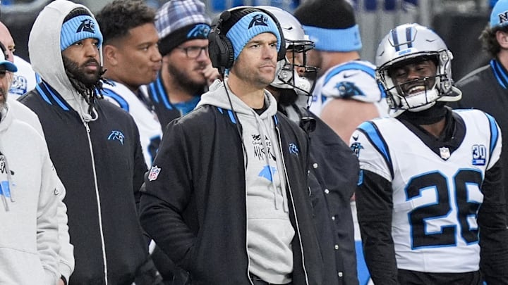 Dec 15, 2024; Charlotte, North Carolina, USA; Carolina Panthers head coach Dave Canales during the second half against the Dallas Cowboys at Bank of America Stadium. Mandatory Credit: Jim Dedmon-Imagn Images