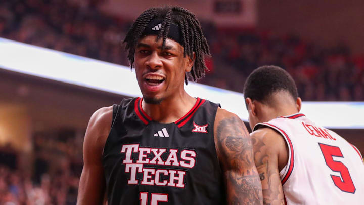 Texas Tech's JT Toppin reacts to drawing a foul on a basket against Houston during a Big 12 Conference men's basketball game, Saturday, Jan. 24, 2026, in United Supermarkets Arena.