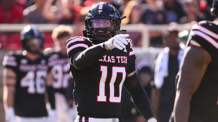 Texas Tech's Jacob Rodriguez calls out the defense during a Big 12 Conference football game, Saturday, Nov. 15, 2025, at Jones AT&T Stadium. Texas Tech's Jacob Rodriguez calls out the defense during a Big 12 Conference football game, Saturday, Nov. 15, 2025, at Jones AT&T Stadium.