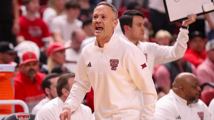 Texas Tech coach Grant McCasland disagrees with an official during a Big 12 Conference men's basketball game, Saturday, Feb. 21, 2026, in United Supermarkets Arena.