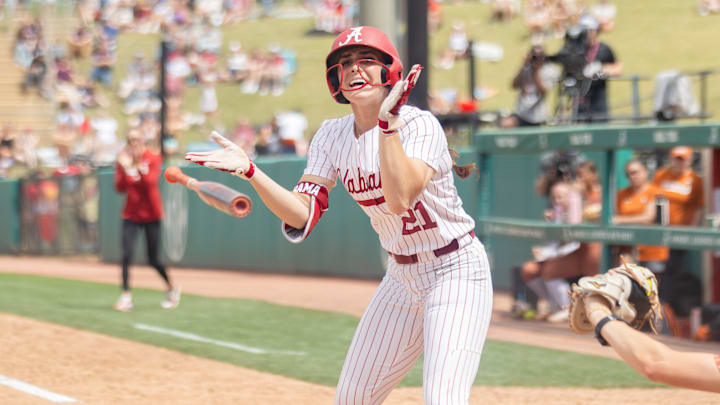 Alabama outfielder Ana Roman celebrates a walk in the third game of the series against Texas on Apr. 4, 2026. Alabama outfielder Ana Roman celebrates a walk in the third game of the series against Texas on Apr. 4, 2026.
