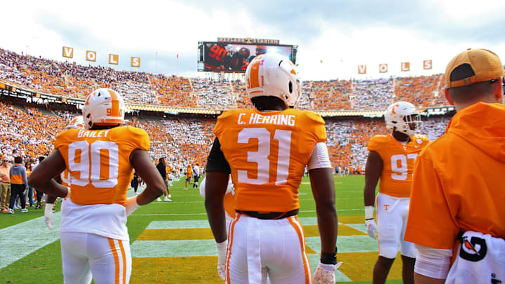 The defensive line warming up prior to Texas A&M. (October 14, 2023)