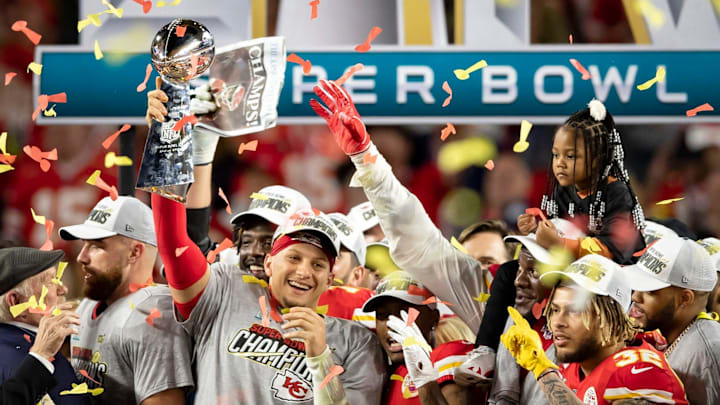 Super Bowl 54: Kansas City Chiefs quarterback Patrick Mahomes celebrates with the Vince Lombardi Trophy after the Super Bowl win over the 49ers at Hard Rock Stadium in Miami Gardens, on Feb. 2, 2020.