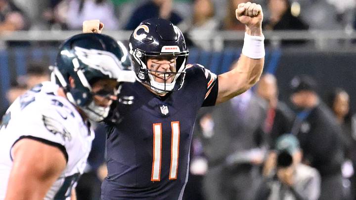 Sep 28, 2026; Chicago, Illinois, USA; Chicago Bears quarterback Case Keenum (11) reacts after a first down was made by running back D'Andre Swift (not pictured) during the second half against the Philadelphia Eagles at Soldier Field. Mandatory Credit: Matt Marton-Imagn Images Sep 28, 2026; Chicago, Illinois, USA; Chicago Bears quarterback Case Keenum (11) reacts after a first down was made by running back D'Andre Swift (not pictured) during the second half against the Philadelphia Eagles at Soldier Field. Mandatory Credit: Matt Marton-Imagn Images
