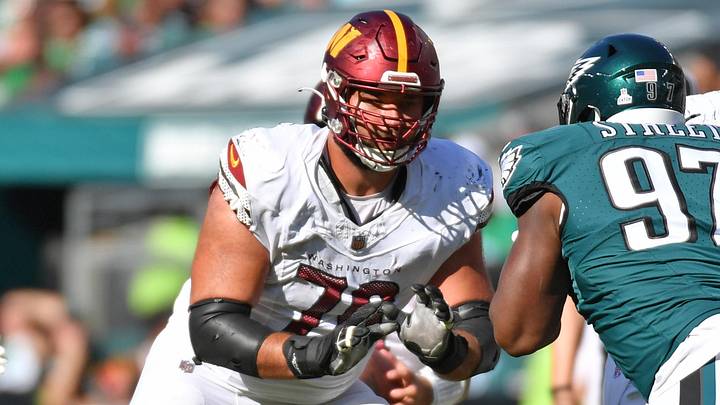 Washington Commanders offensive lineman Sam Cosmi (76) against the Philadelphia Eagles at Lincoln Financial Field. Mandatory Credit: Eric Hartline-Imagn Images Washington Commanders offensive lineman Sam Cosmi (76) against the Philadelphia Eagles at Lincoln Financial Field. Mandatory Credit: Eric Hartline-Imagn Images