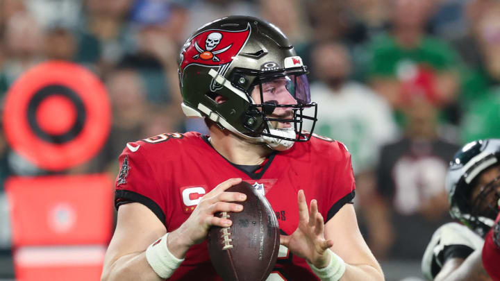 Jan 15, 2024; Tampa, Florida, USA; Tampa Bay Buccaneers quarterback Baker Mayfield (6) throws against the Philadelphia Eagles during the first half of a 2024 NFC wild card game at Raymond James Stadium. Mandatory Credit: Kim Klement Neitzel-USA TODAY Sports