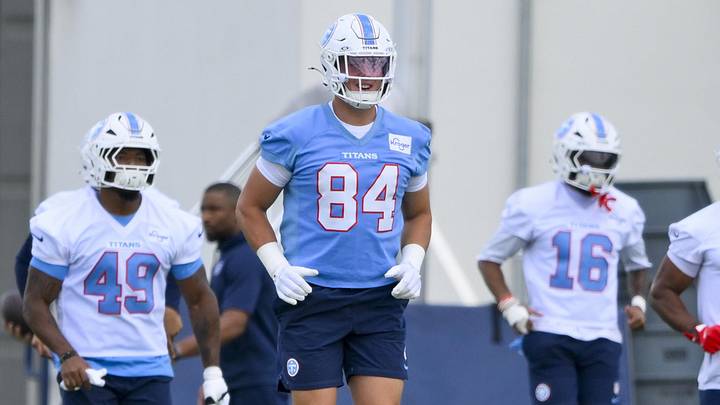 Jun 16, 2026; Nashville, TN, USA;  Tennessee Titans tight end Gunnar Helm (84) during day 1 of mini-camp at Vanderbilt Health Football Center. Mandatory Credit: Steve Roberts-Imagn Images