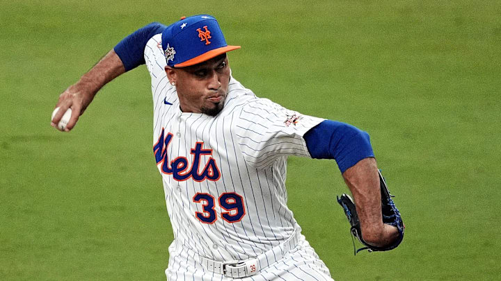 Jul 15, 2025; Cumberland, Georgia, USA; National League pitcher Edwin Diaz (39) of the New York Mets pitches during the ninth inning during the 2025 MLB All Star Game at Truist Park. Jul 15, 2025; Cumberland, Georgia, USA; National League pitcher Edwin Diaz (39) of the New York Mets pitches during the ninth inning during the 2025 MLB All Star Game at Truist Park.