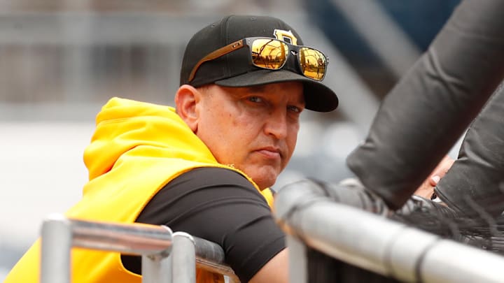 Pittsburgh Pirates hitting coach Andy Haines (49) looks on at the batting cage before the game against the Minnesota Twins at PNC Park. 