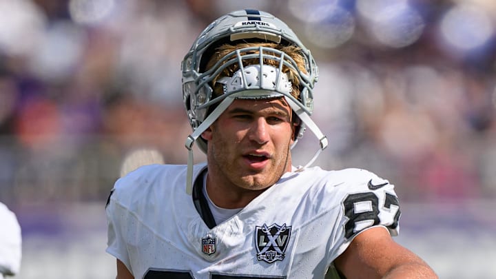 Sep 15, 2024; Baltimore, Maryland, USA; Las Vegas Raiders tight end Michael Mayer (87) looks on during the first half of the game against the Baltimore Ravens at M&T Bank Stadium. Mandatory Credit: Reggie Hildred-Imagn Images