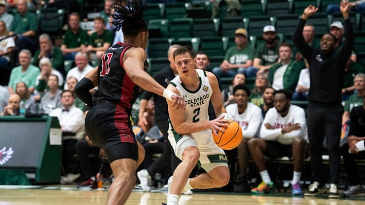 Colorado State's Brandon Rechsteiner drops back for a shot during a NIT first-round game against Saint Joseph's at Moby Arena on March 18, 2026, in Fort Collins, Colo.
