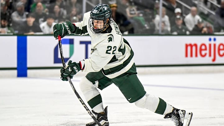Michigan State's Isaac Howard takes a shot at the goal against Notre Dame during the second period in the Big Ten tournament on Saturday, March 15, 2025, at Muni Arena in East Lansing.