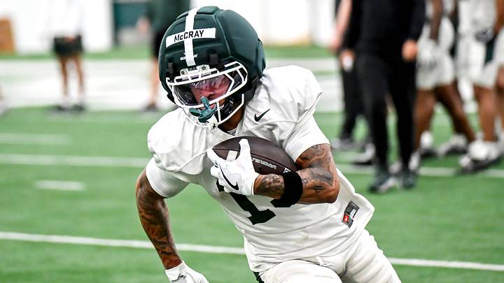Michigan State's Chrishon McCray runs after a catch during spring football practice on Tuesday, April 14, 2026, in East Lansing.