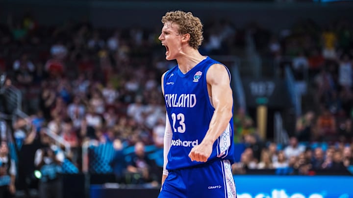 Lauri Markkanen reacts to a play in Finland vs. Serbia