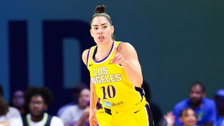 Jun 6, 2025; Arlington, Texas, USA; Los Angeles Sparks guard Kelsey Plum (10) reacts against the Dallas Wings during the second half at College Park Center. Mandatory Credit: Kevin Jairaj-Imagn Images Jun 6, 2025; Arlington, Texas, USA; Los Angeles Sparks guard Kelsey Plum (10) reacts against the Dallas Wings during the second half at College Park Center. Mandatory Credit: Kevin Jairaj-Imagn Images