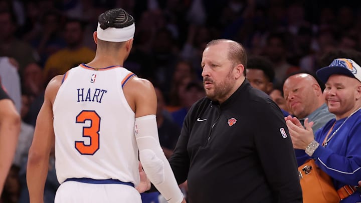May 19, 2024; New York, New York, USA; New York Knicks head coach Tom Thibodeau greets guard Josh Hart (3) as he leaves the game after fouling out during the fourth quarter of game seven of the second round of the 2024 NBA playoffs against the Indiana Pacers at Madison Square Garden. Mandatory Credit: Brad Penner-Imagn Images