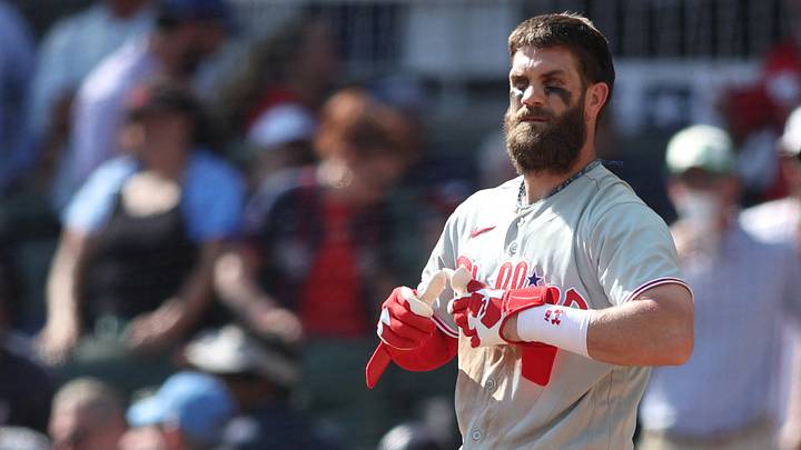 Sep 30, 2026; Cumberland, Georgia, USA;  Philadelphia Phillies outfielder Bryce Harper (3) reacts to striking out against the Atlanta Braves in the fifth inning during game two of the Wildcard round for the 2026 MLB Playoffs at Truist Park.  Mandatory Credit: Brett Davis-Imagn Images