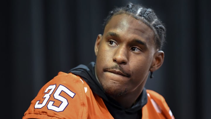 Clemson defensive end Jeremiah Alexander (35), a transfer from Alabama, during the Clemson Club football National Signing Day wrap up presented by Clemson Seneca Chick-Fil-A at the Poe Indoor Practice Facility at Clemson University in Clemson, S.C. Feb 5, 2025.