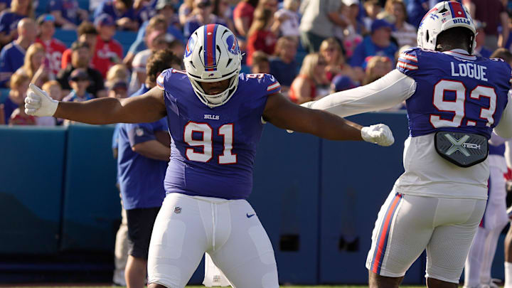 Buffalo Bills defensive tackle Ed Oliver and defensive tackle Zion Logue dance to the music for a few moments while waiting for their turn to run a drill during the Return of the Blue & Red practice at Highmark Stadium in Orchard Park on Aug.1, 2025. Buffalo Bills defensive tackle Ed Oliver and defensive tackle Zion Logue dance to the music for a few moments while waiting for their turn to run a drill during the Return of the Blue & Red practice at Highmark Stadium in Orchard Park on Aug.1, 2025.