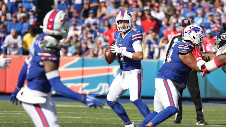 Bills quarterback Josh Allen makes eye contact with Keon Coleman before throwing to him during first half action at Highmark Stadium in Orchard Park on Oct. 20, 2024.