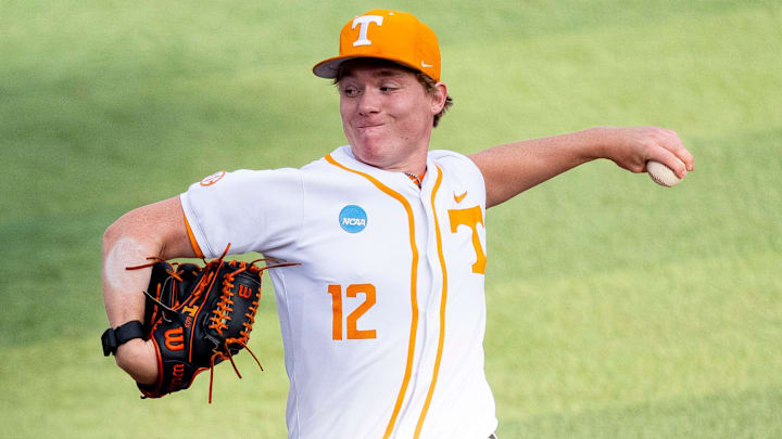 Tennessee's Liam Doyle (12) throws the ball during a NCAA Baseball Tournament Knoxville Regional game between Tennessee and Miami Ohio on May 30, 2025.