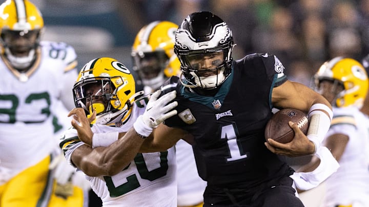 Philadelphia Eagles quarterback Jalen Hurts will lead a loaded offense into Sunday's playoff game against the Packers.