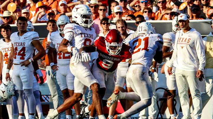 Oklahoma defensive back Dakoda Fields logs a tackle against Texas.