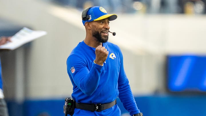 October 15, 2023; Inglewood, California, USA; Los Angeles Rams defensive backs/pass game coordinator Aubrey Pleasant during the third quarter against the Arizona Cardinals at SoFi Stadium. Mandatory Credit: Kyle Terada-Imagn Images
