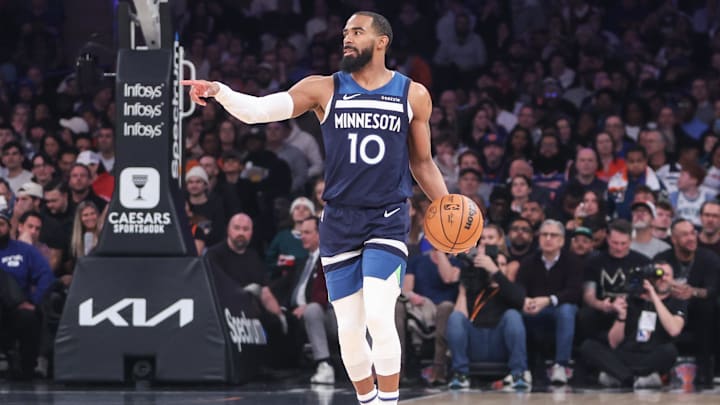 Jan 17, 2025; New York, New York, USA; Minnesota Timberwolves guard Mike Conley (10) directs the offense in the first quarter against the New York Knicks at Madison Square Garden. Jan 17, 2025; New York, New York, USA; Minnesota Timberwolves guard Mike Conley (10) directs the offense in the first quarter against the New York Knicks at Madison Square Garden.