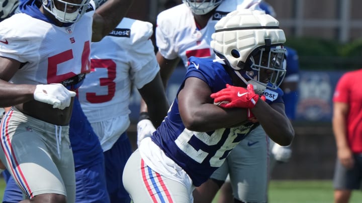 East Rutherford, NJ -- August 1, 2024 -- Running back Devin Singletary during practice today at the New York Giants' training camp. East Rutherford, NJ -- August 1, 2024 -- Running back Devin Singletary during practice today at the New York Giants' training camp.