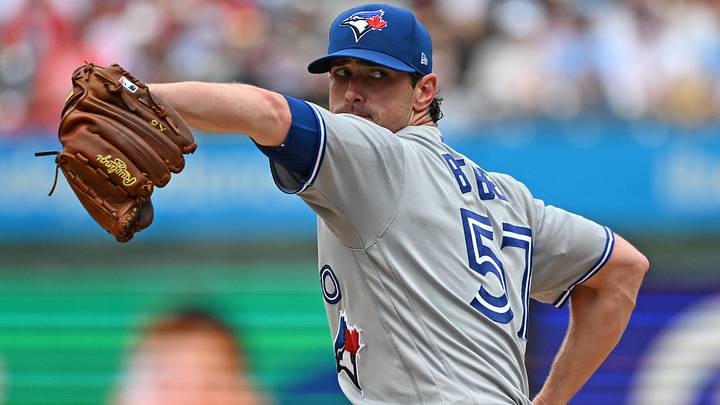 Aug 9, 2026: Toronto Blue Jays pitcher Shane Bieber (57) throws a pitch during the first inning against the Philadelphia Phillies at Citizens Bank Park. Credit: Eric Hartline-Imagn Images