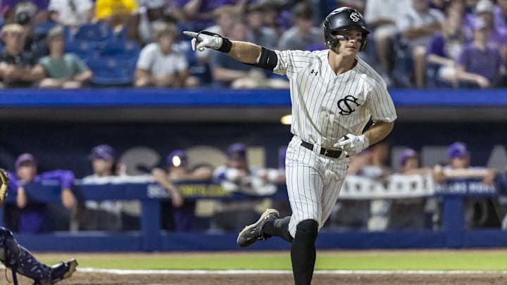 May 23, 2024; Hoover, AL, USA; South Carolina Gamecocks outfielder Blake Jackson (6) salutes his team after earning a walk against the LSU Tigers during the SEC Baseball Tournament at Hoover Metropolitan Stadium. Mandatory Credit: Vasha Hunt-USA TODAY Sports