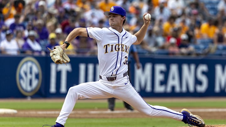 May 25, 2024; Hoover, AL, USA; LSU Tigers pitcher Kade Anderson (32) pitches against the South Carolina Gamecocks during the SEC Baseball Tournament at Hoover Metropolitan Stadium. Mandatory Credit: Vasha Hunt-Imagn Images May 25, 2024; Hoover, AL, USA; LSU Tigers pitcher Kade Anderson (32) pitches against the South Carolina Gamecocks during the SEC Baseball Tournament at Hoover Metropolitan Stadium. Mandatory Credit: Vasha Hunt-Imagn Images