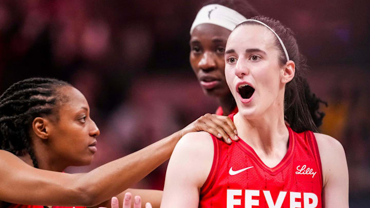Indiana Fever guard Caitlin Clark reacts to receiving a flagrant foul.