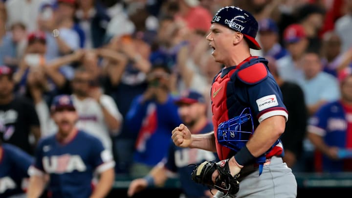 Mar 15, 2026; Miami, FL, United States; United States catcher Will Smith (16) celebrates after defeating the Dominican Republic in a semifinal game of the 2026 World Baseball Classic at loanDepot Park. Mandatory Credit: Sam Navarro-Imagn Images