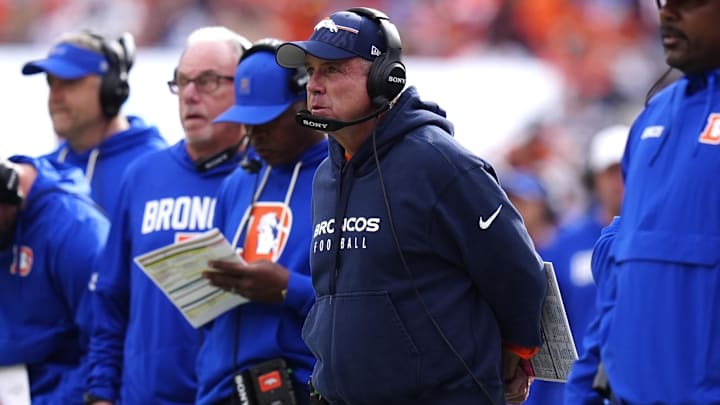 Oct 26, 2025; Denver, Colorado, USA;  Denver Broncos head coach Sean Payton looks on in the first quarter against the Dallas Cowboys at Empower Field at Mile High. 
