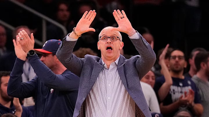 Mar 15, 2024; New York City, NY, USA;  Connecticut Huskies head coach Dan Hurley against the St.