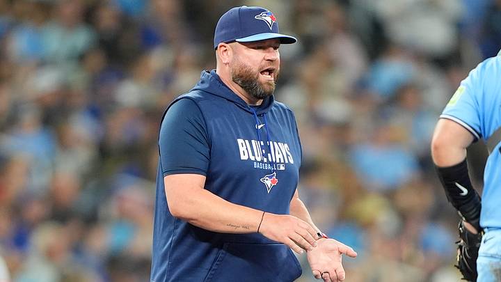 Aug 26, 2026; Toronto, Ontario, CAN;  Toronto Blue Jays manager John Schneider visits the pitching mound during the eighth inning against the Kansas City Royals at Rogers Centre.  Mandatory Credit: John E. Sokolowski-Imagn Images