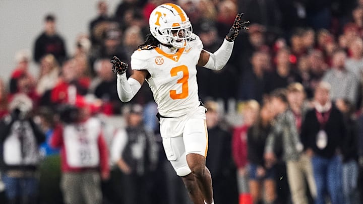 Tennessee defensive back Jermod McCoy (3) celebrates after making a play during a college football game between Tennessee and Georgia at Sanford Stadium in Athens, Ga., on Saturday, November 16, 2024.