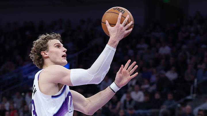 Dec 26, 2025; Salt Lake City, Utah, USA; Utah Jazz forward Lauri Markkanen (23) goes to the basket against the Detroit Pistons during the second half at Delta Center. Mandatory Credit: Rob Gray-Imagn Images