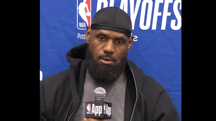 LeBron James speaks after the Los Angeles Lakers lost to the Minnesota Timberwolves on April 27, 2025.