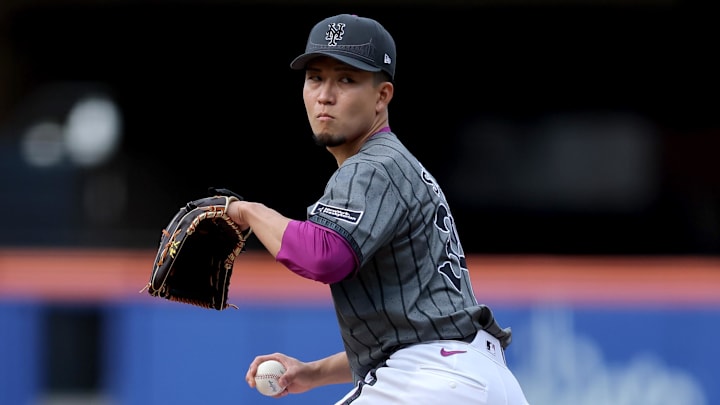 May 31, 2025; New York City, New York, USA; New York Mets starting pitcher Kodai Senga (34) pitches against the Colorado Rockies during the third inning at Citi Field. Mandatory Credit: Brad Penner-Imagn Images