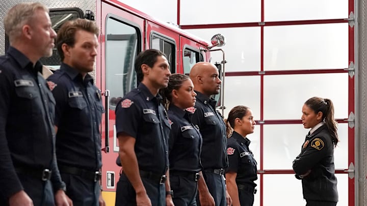 STATION 19 - ÒNever Gonna Give You UpÓ - A call from a social media starÕs livestream sends the team on an unusual rescue. TravisÕ mayoral campaign takes off, much to his chagrin. Back at the station, Ben treats a patient with a surprising diagnosis. THURSDAY, MARCH 30 (8:00-9:00 p.m. EDT), on ABC. (ABC/James Clark)
CARLOS MIRANDA, BARRETT DOSS, JASON GEORGE, JAINA LEE ORTIZ, MERLE DANDRIDGE