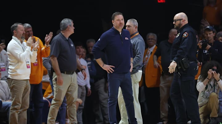 Feb 3, 2026; Knoxville, Tennessee, USA;  Mississippi Rebels head coach Chris Beard was ejected during the second half against the Tennessee Volunteers at Thompson-Boling Arena at Food City Center. Mandatory Credit: Randy Sartin-Imagn Images